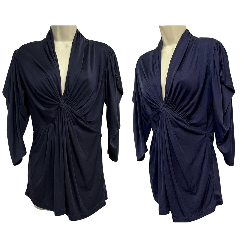 Catherine‎ Malandrino Shirt Womens Small Navy Silk Draped Twist Front 3/4 Sleeve